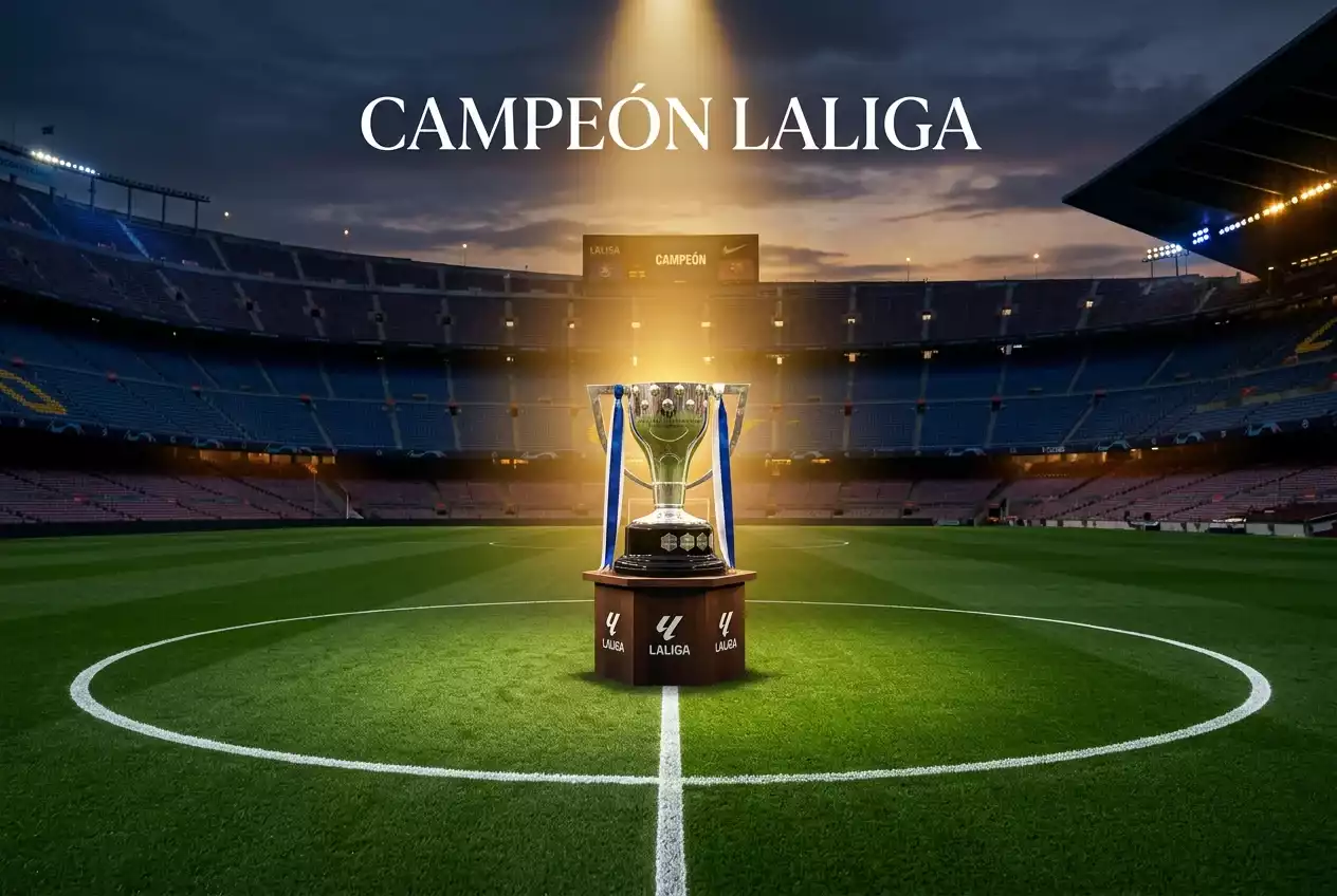 Trofeo de campeón de LaLiga sobre un podio en el centro de un campo de fútbol