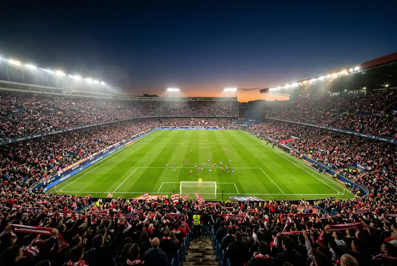Estadio de LaLiga iluminado durante un partido nocturno de la temporada 2025/2026
