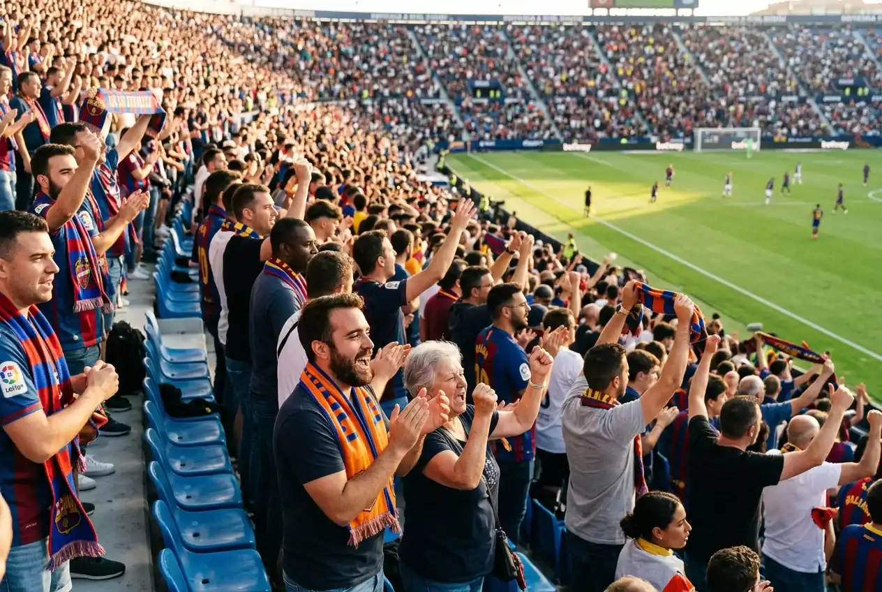 Aficionados en las gradas de un estadio de fútbol español durante un partido de Primera División